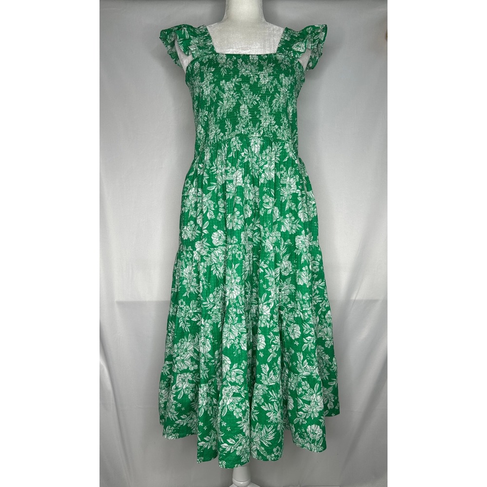 Lands End  Cotton Dobby Green Floral Smocked Dress Tiered Midi  Boho ChicXL 18